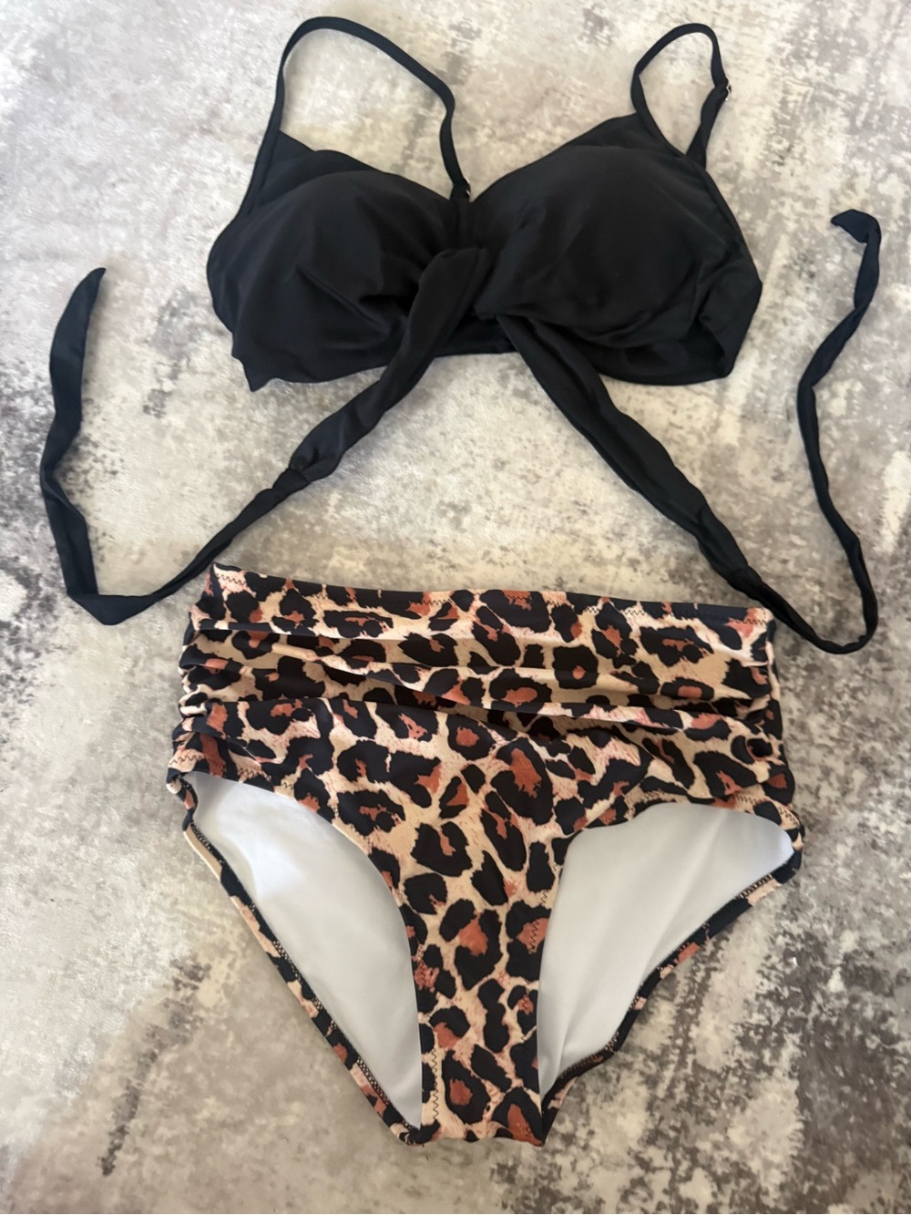 Black Twist Bikini Top with Leopard High-Waist Bottoms